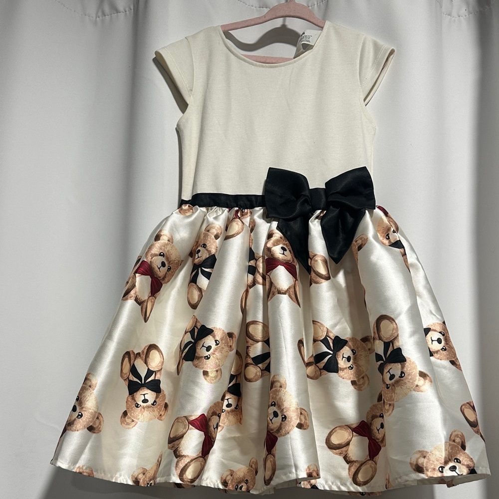 H&M Cream Dress with Teddy-Print Satin Skirt and Black Bow